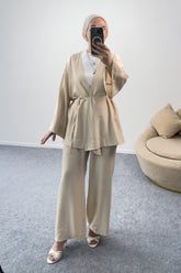 Taş Detaylı Kuşaklı Kimono Ceket ve Geniş Paça Pantolonlu İkili Takım 8869 - Bej